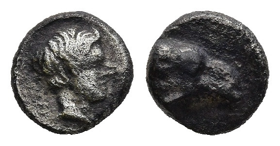 CARIA. Kasolaba. (4th century BC)
AR Hemiobol (6,4mm 0,36g)
Obv: Head of ram r...