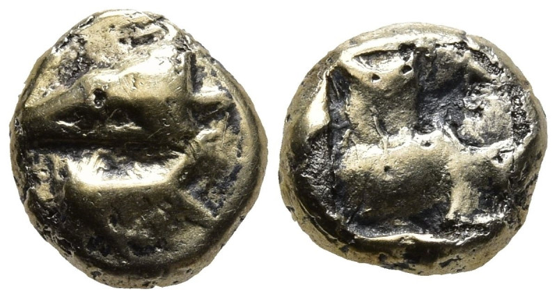 MYSIA. Kyzikos. (Circa 600-550 BC).
EL Fourrèe Hemihekte (8,2mm 1g)
Obv: Head ...