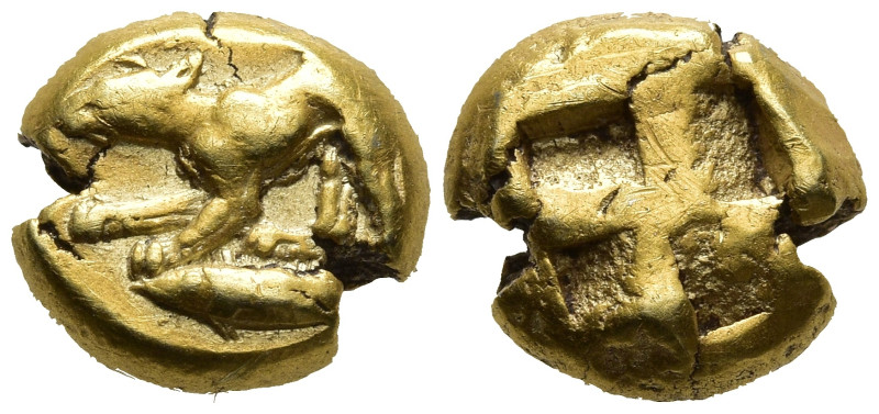 MYSIA. Kyzikos. (Circa 500-450 BC)
EL Hekte (10,5mm 2,6g)
Obv: Dog crouching t...