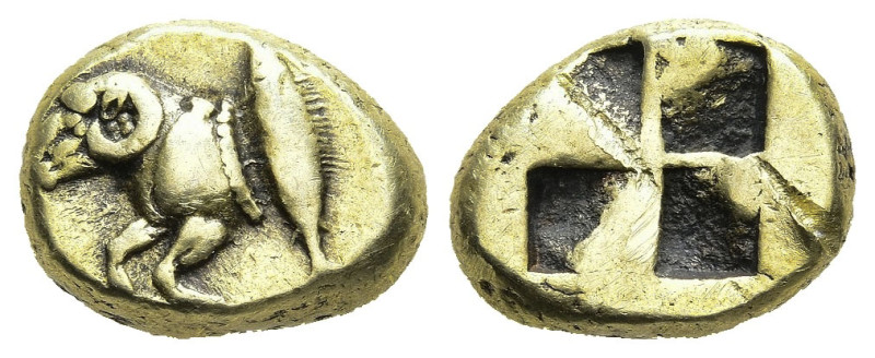 MYSIA. Kyzikos. (Circa 550-450 BC)
EL Hekte (11,5mm 2,6g)
Obv: Forepart of ram...