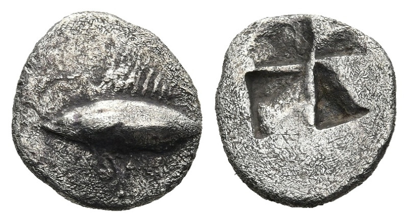 MYSIA. Kyzikos. (Circa 500 BC)
AR Obol (9,1mm 0,58g)
Obv: Tunny fish swimming ...