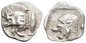 MYSIA. Kyzikos. (Circa 450-400 BC)
AR Obol (11,2mm 0,92g)
Obv: Forepart of boar left, with E (retrograde) on shoulder; to right, tunny upward.
Rev:...