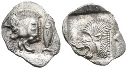MYSIA. Kyzikos. (Circa 450-400 BC)
AR Obol (13,4mm 0,8g)
Obv: Forepart of boar left, with E (retrograde) on shoulder; to right, tunny upward.
Rev: ...
