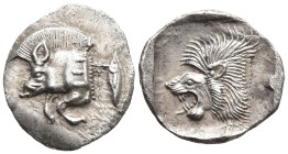 MYSIA. Kyzikos. (Circa 450-400 BC)
AR Obol (13,7mm 0,9g)
Obv: Forepart of boar left, with E (retrograde) on shoulder; to right, tunny upward.
Rev: ...