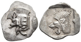MYSIA. Kyzikos. (Circa 450-400 BC)
AR Obol (14,1mm 0,94g)
Obv: Forepart of boar left, with E (retrograde) on shoulder; to right, tunny upward.
Rev:...