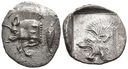 MYSIA. Kyzikos. (Circa 450-400 BC)
AR Obol (12,8mm 0,83g)
Obv: Forepart of boar left, with E (retrograde) on shoulder; to right, tunny upward.
Rev:...