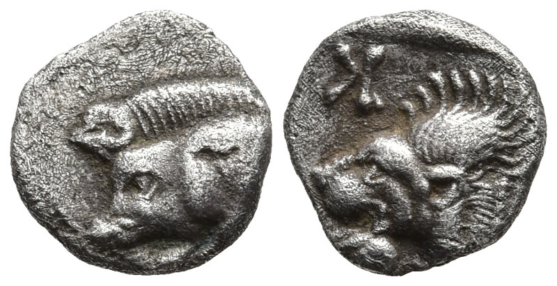 MYSIA. Kyzikos. (Circa 450-400 BC)
AR Obol (7,4mm 0,78g)
Obv: Forepart of boar...