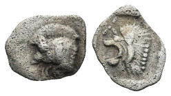MYSIA. Kyzikos. (Circa 450-400 BC).
AR Hemiobol (8,8mm 0,37g)
Obv: Forepart of boar left; to right, tunny upward.
Rev: Head of roaring lion left; s...
