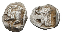 MYSIA. Kyzikos. (Circa 450-400 BC).
AR Hemiobol (8,5mm 0,45g)
Obv: Forepart of boar left; to right, tunny upward.
Rev: Head of roaring lion left; s...