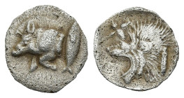 MYSIA. Kyzikos. (Circa 450-400 BC).
AR Hemiobol (9,8mm 0,37g)
Obv: Forepart of boar left; to right, tunny upward.
Rev: Head of roaring lion left; s...