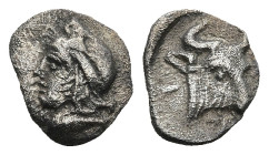 MYSIA. Kyzikos. ( Circa 450-400 BC).
AR Hemiobol (7,4mm 0,37g)
Obv: Head of Attis to left, wearing Phrygian cap; below, tunny fish to left
Rev: Hea...