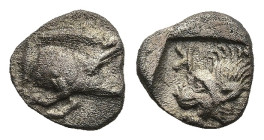 MYSIA. Kyzikos (Circa 450-400 BC)
AR Hemiobol (6,9mm 0,33g)
Obv: Forepart of boar right; to left, tunny upward.
Rev: Head of lion left; retrograde ...