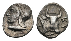 MYSIA. Kyzikos. ( Circa 450-400 BC).
AR Hemiobol (7,4mm 0,36g)
Obv: Head of Attis to left, wearing Phrygian cap; below, tunny fish to left
Rev: Hea...