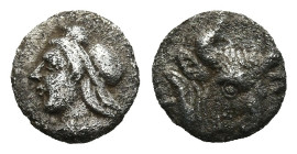 MYSIA. Kyzikos. ( Circa 450-400 BC).
AR Hemiobol (7,5mm 0.18g)
Obv: Head of Attis to left, wearing Phrygian cap; below, tunny fish to left
Rev: Hea...
