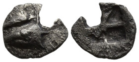 MYSIA. Kyzikos. (Circa 600-550 BC)
AR Hemiobol (7,4mm 0,16g)
Obv: Tunny head right, tunny fish above
Rev: Quadripartite incuse square.
Von Fritze ...