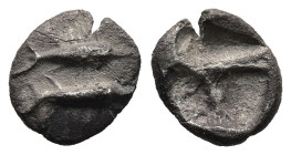 MYSIA. Kyzikos. (Circa 550-480 BC)
AR Hemiobol (8,1mm 0,42g)
Obv: Two tunny facing right, one above the other
Rev: Quadripartite incuse square.
Ex...