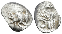 MYSIA. Kyzikos. (Circa 450-400 BC).
AR Hemiobol (8,8mm 0,46g)
Obv: Forepart of boar left; to right, tunny upward.
Rev: Head of roaring lion left; s...