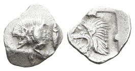 MYSIA. Kyzikos. (Circa 450-400 BC).
AR Hemiobol (9,6mm 0,36g)
Obv: Forepart of boar left; to right, tunny upward.
Rev: Head of roaring lion left; s...
