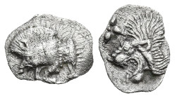 MYSIA. Kyzikos. (Circa 450-400 BC).
AR Hemiobol (8,4mm 0,33g)
Obv: Forepart of boar left; to right, tunny upward.
Rev: Head of roaring lion left; s...