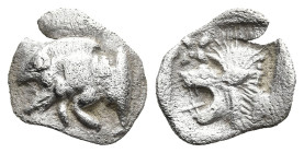 MYSIA. Kyzikos. (Circa 450-400 BC).
AR Hemiobol (9,9mm 0,32g)
Obv: Forepart of boar left; to right, tunny upward.
Rev: Head of roaring lion left; s...