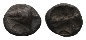 MYSIA. Kyzikos (Circa 520-480 BC)
AR Tetartemorion (5,8mm 0,26g)
Obv: Head of tunny fish left
Rev: Quadripartite incuse square
Von Fritze, Kyzikos...