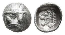 MYSIA. Kyzikos. (450-400 BC)
AR Tetartemorion (6,4mm 0,18g)
Obv: Crescents in triangular arrangement, pellet in one and between two
Rev: Head of ro...