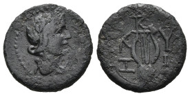 MYSIA. Kyzikos. Pseudo-autonomous (1st century AD)
AE Bronze (115,3mm 2,2g)
Obv: Laureate head of Apollo right.
Rev: K - Y / Z - I. Lyre; monogram ...