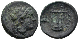 MYSIA. Lampsakos. (2nd-1st century BC)
AE Bronze (20,9mm 5,2g)
Obv: Laureate head of Apollo to right.
Rev: ΛΑΜ Lyre; in field to left, forepart of ...