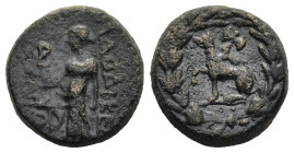 PHRYGIA. Laodicea ad Lycum. Pseudo-autonomous, time of Tiberius (AD 14-37). Pythes II, magistrate.
AE Bronze (14,3mm 3,03)
Obv: Wolf seated left, cr...