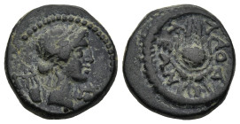PHRYGIA. Laodicea ad Lycum. Pseudo-autonomous, time of Tiberius (AD 14-37)
AE Bronze (15,6mm 3,6g)
Obv : Laureate head of Apollo right; lyre to left...