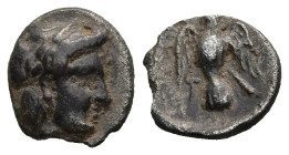 AEOLIS. Larissa Phrikonis? (4th century BC).
AR Obol (10,6mm 0,93g)
Obv: Laureate head of Apollo right.
Rev: Eagle standing facing, head left, with...