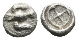 IONIA. Magnesia ad Maeandrum (?). (Circa 500-464 BC)
AR Hemiobol (7,1mm 0,38g)
Obv: Facing eagle with spread wings and legs.
Rev: Wheel within roun...