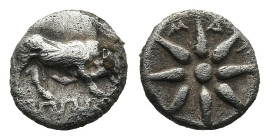 IONIA. Magnesia ad Maeandrum. (Circa 400-350 BC)
AR Hemiobol (6,5mm 0,26g)
Obv: Bull butting to right; below, maeander pattern.
Rev: Μ-Α-Γ. Eight-r...