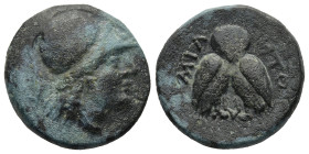 MYSIA. Miletopolis. (2nd-1st centuries BC).
AE Bronze (20mm 6g)
Obv: Helmeted head of Athena right.
Rev: MIΛHTO. Double-bodied owl standing facing....