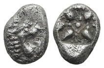 IONIA. Miletos. (6th-5th centuries BC).
AR Diobol (7,6mm 1,04g)
Obv: Forepart of lion to left, head turned to right.
Rev: Stellate pattern within i...