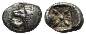 IONIA. Miletos. (Late 6th-early 5th centuries BC).
AR Diobol (10,6mm 0,8g)
Obv: Forepart of lion right, head left.
Rev: Stellate floral design; all...
