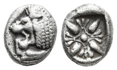 IONIA. Miletos. (Late 6th-early 5th centuries BC).
AR Diobol (8,1mm 1,1g)
Obv: Forepart of lion right, head left.
Rev: Stellate floral design; all ...
