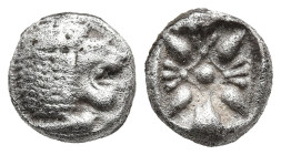 IONIA. Miletos. (6th-5th centuries BC).
AR Diobol (8,9mm 1g)
Obv: Forepart of lion to left, head turned to right.
Rev: Stellate pattern within incu...