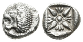 IONIA. Miletos. (Late 6th-early 5th centuries BC).
AR Diobol (9,4mm 1,1g)
Obv: Forepart of lion right, head left.
Rev: Stellate floral design; all ...