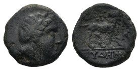 IONIA. Miletos. (circa 200 BC). Eudemos, magistrate
AE Bronze (10.3mm 1g)
Obv: Laureate head of Apollo right
Rev:EYΔHMOΣ. Lion standing right, look...