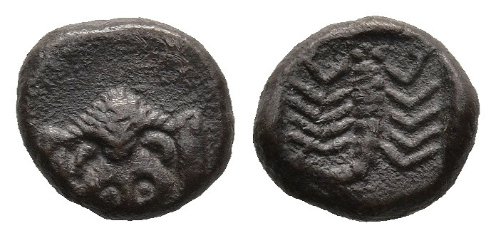 CARIA. Mylasa. (Circa 450-400 BC).
AR Obol (7,9mm 0,63g)
Obv: Facing forepart ...