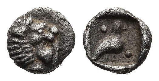 CARIA. Mylasa. (Circa 420-390 BC).
AR Hemiobol (5,6mm 0,4g)
Obv: Head of roari...