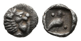 CARIA. Mylasa. (Circa 420-390 BC).
AR Hemiobol (5,6mm 0,4g)
Obv: Head of roaring lion right.
Rev: Bird standing right; pellet to upper left and low...
