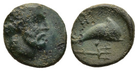 CARIA. Myndos. (Mid 4th century BC)
AE Bronze (11,3mm 1,2g)
Obv: Laureate head of Poseidon right
Rev: Dolphin right above trident left.
Ashton, Be...