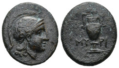 AEOLIS. Myrina. (Circa 5th-3rd centuries BC).
AE Bronze (17,6mm 4,74g)
Obv: Helmeted head of Athena right.
Rev: MY - PI. Amphora.
SNG Copenhagen 2...