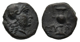 AEOLIS. Myrina. (Circa 5th-3rd centuries BC).
AE Bronze (8,7mm 0,77g)
Obv: Helmeted head of Athena right.
Rev: MY - PI. Amphora.
SNG Copenhagen 21...
