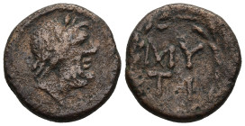 LESBOS. Mytilene. (2nd century BC)
AE Bronze (20,5mm 7g)
Obv: Laureate head of Zeus right.
Rev: MY / TI in two lines within wreath.
SNG Copenhagen...