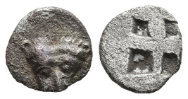 CIMMERIAN BOSPOROS. Pantikapaion. (Circa 470-460 BC).
AR Hemiobol (8,3mm 0,4g).
Obv: Facing head of lion
Rev: Quadripartite incuse square.
Frolova...