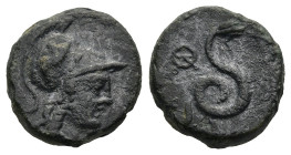 KINGS of PERGAMON. Philetairos. (200-133 BC)
AE Bronze (15,4mm 3,3g)
Obv: Helmeted head of Athena right.
Rev: Coiled snake, head standing right, mo...