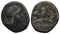 MYSIA. Pergamon. (Circa 200-133 BC).
AE Bronze (16,1mm 2,4g)
Obv: Head of Athena right, wearing helmet decorated with star.
Rev: AΘHNAΣ / NIKHΦOPOY...